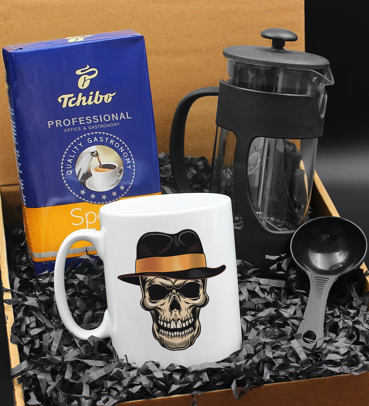 Özel Tasarımlı Şapkalı Kuru Kafa Kupa & French Press & 250 Gram Tchibo Proffesional Special Filtre Kahve Hediye Seti