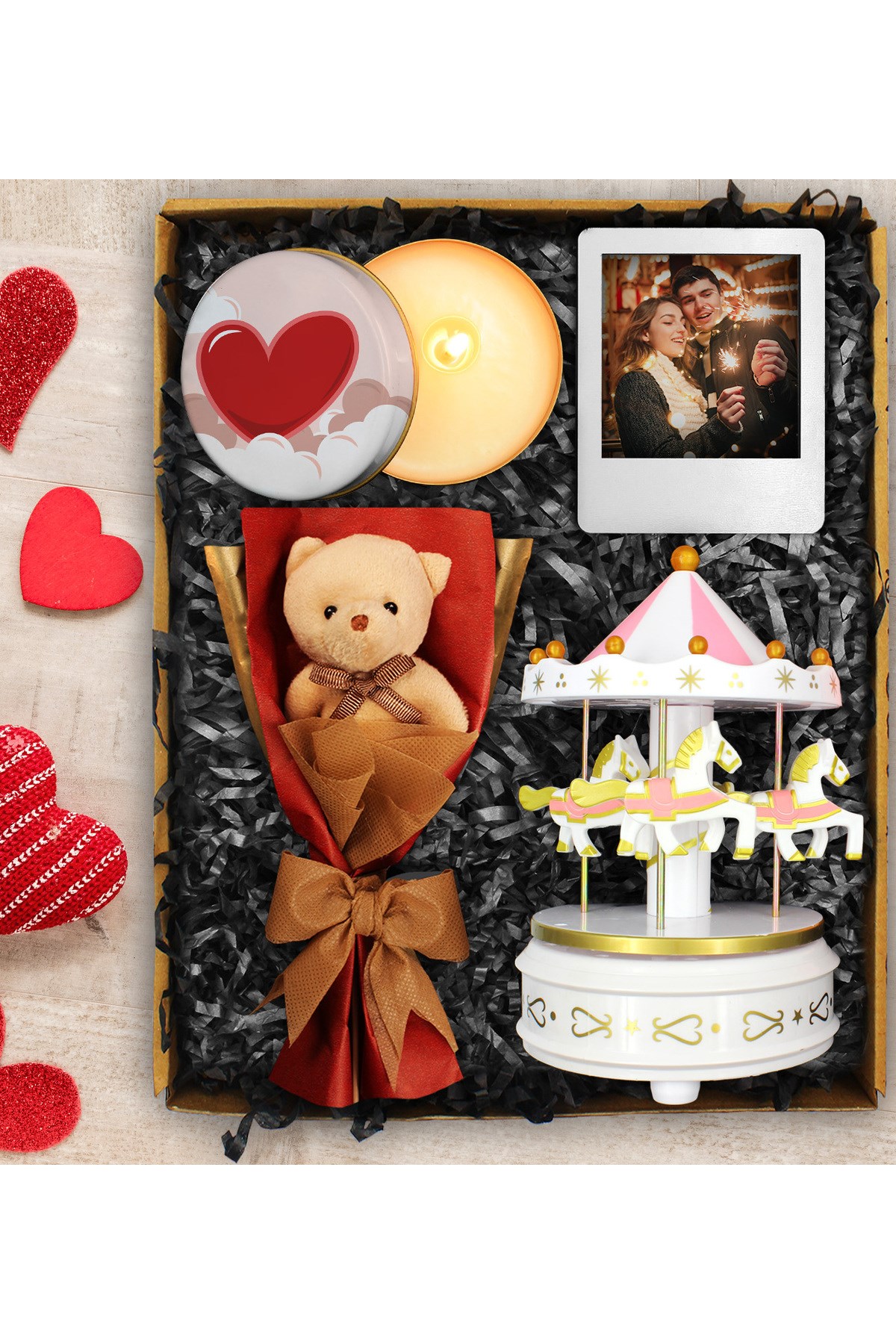 Peluş Ayıcık Buketi & Müzikli Atlıkarınca & Özel Tasarım Mum & Çerçeve Hediye Seti