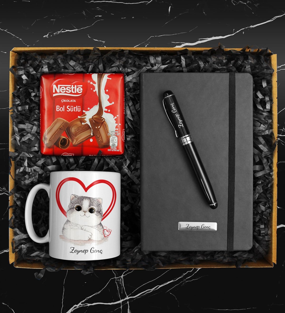 Sevgililer Gününe Özel Kişiye Özel Kupa & Roller Kalem & Defter & Nestle Çikolata Hediye Seti