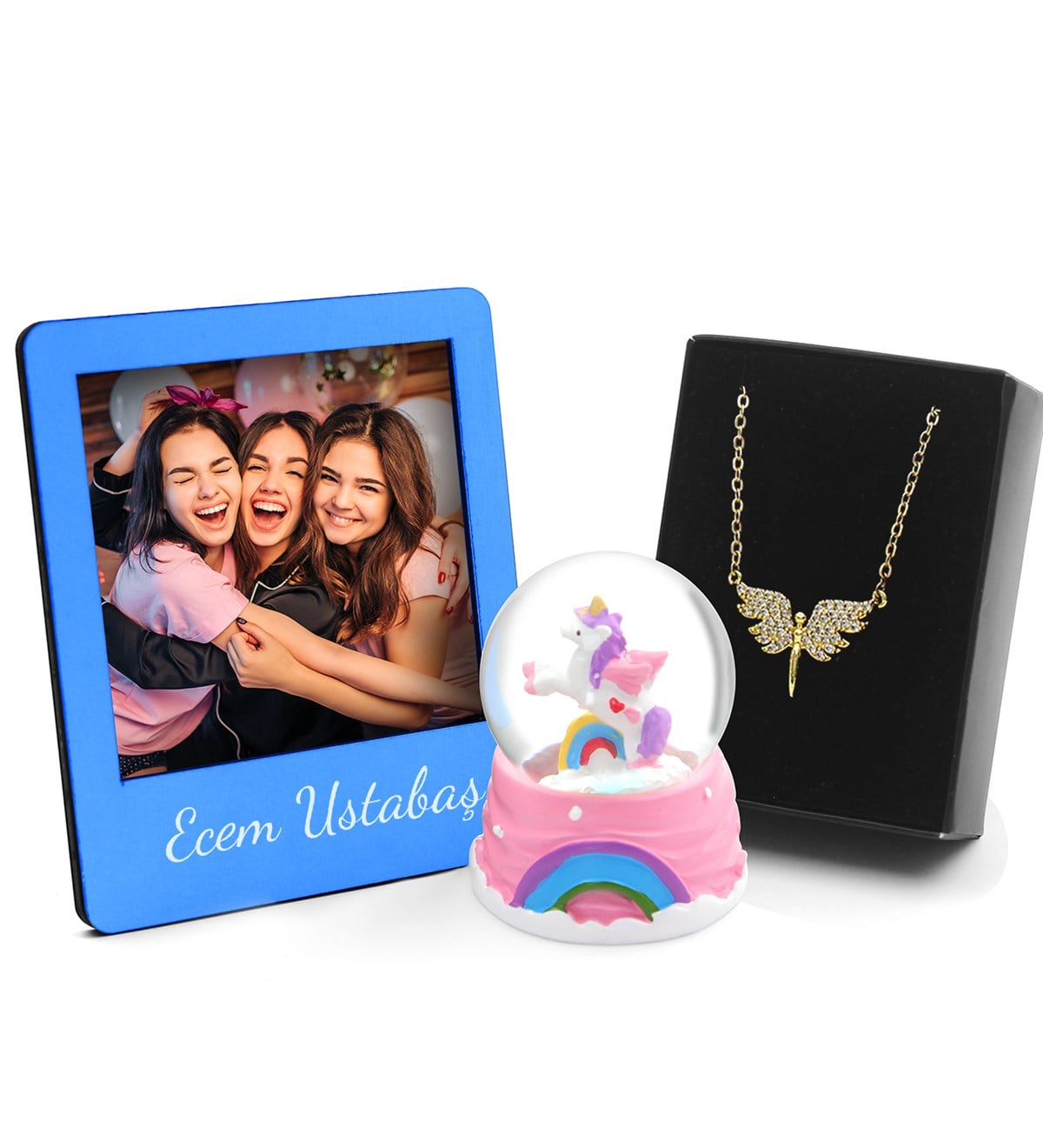 Sevgiliye Özel Unicorn Kar Küresi & Kişiye Özel Mavi Fotoğraf Çerçevesi & Melek Kolye