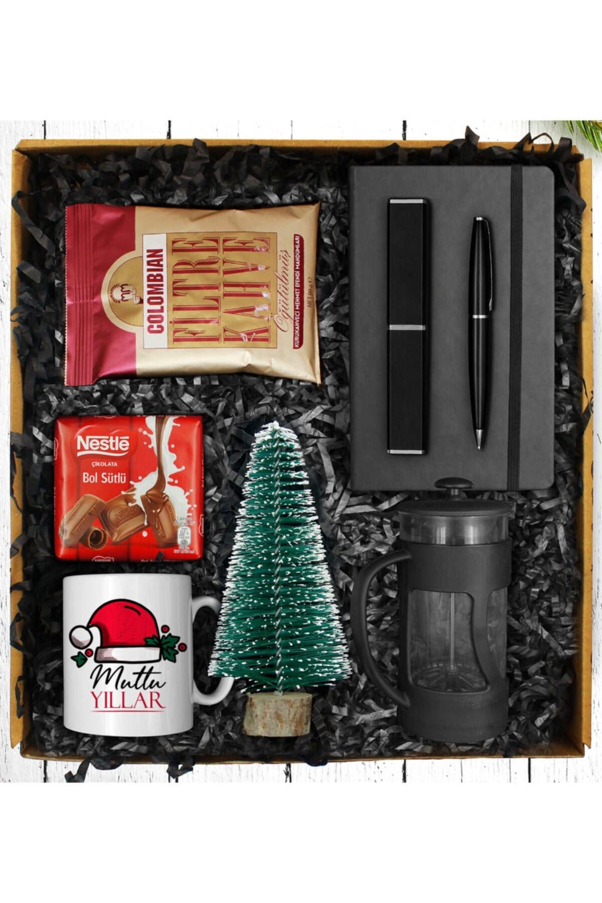 Yılbaşına Özel Tasarım Kupa  Filtre Kahve  Çikolata  Çam Ağacı  Defter  Kalem  French Press