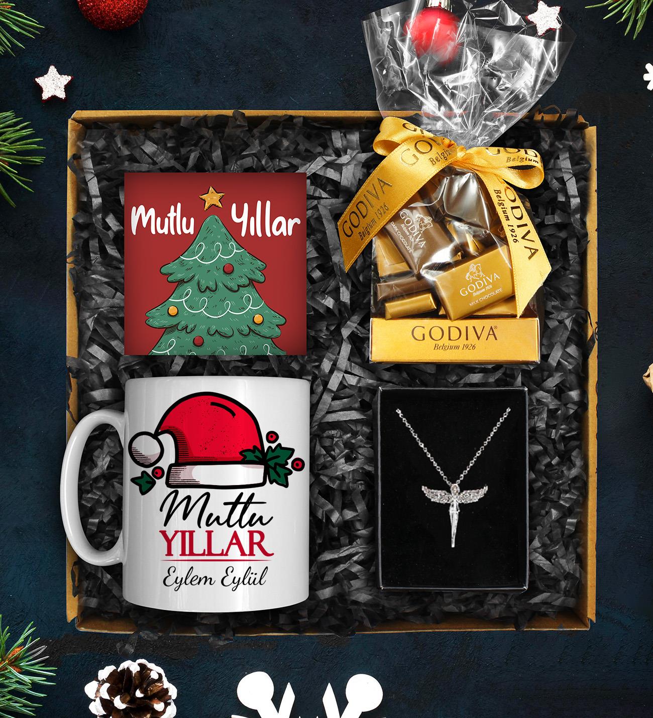 Yılbaşına Özel Tasarım Kupa & Godiva Madlen Çikolata & Zirkon Taşlı Melek Kolye & Yılbaşı Kartı Hediye Seti 