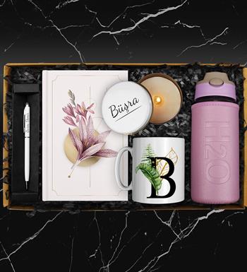 500 ML Deri Kılıflı Cam Matara & Kişiye Özel Kupa & Tasarım Defter & Mum & Touch Pen Kalem Hediye Seti