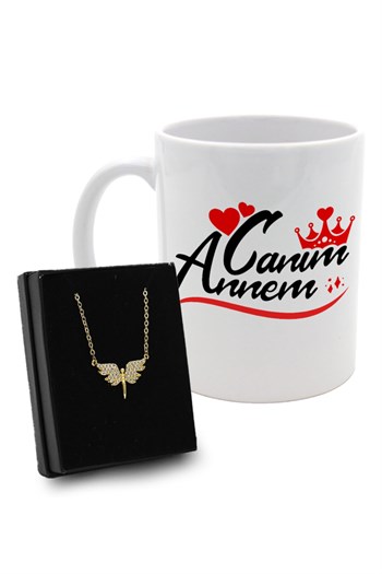 Anneler Gününe Özel Tasarım Kupa & Gümüş Taşlı Melek Kolye