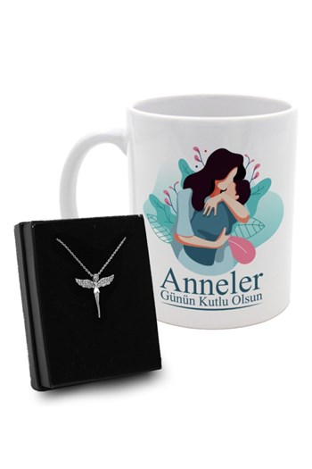Anneler Gününe Özel Tasarım Kupa & Gümüş Taşlı Melek Kolye