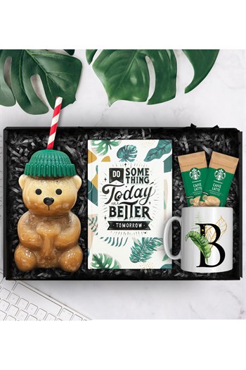 Bearista Şapkalı Pipetli Ayıcık Cam Bardak & Tasarım Defter & Kişiye Özel Kupa & İkili Latte