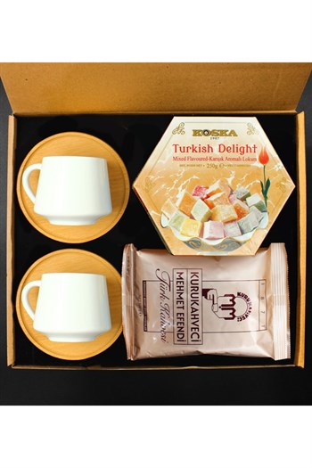 Ikili Bambu Porselen Türk Kahvesi Fincanı Seti & 250 Gram Karışık Koska Lokum & Türk Kahvesi