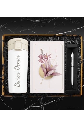 Kişiye Özel Beyaz Çelik Termos & Özel Tasarım Defter & Touch Pen Kalem Hediye Seti