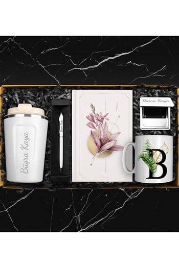 Kişiye Özel Beyaz Çelik Termos & Özel Tasarım Defter & Touch Pen Kalem & Kişiye Özel Cep Aynası & Ki