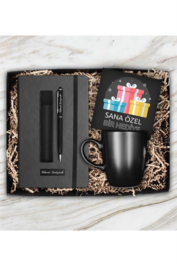 Öğretmenler Gününe Özel Defter & Kişiye Özel Deri Kılıf Touch Pen Kalem & Siyah Kupa Hediye Seti