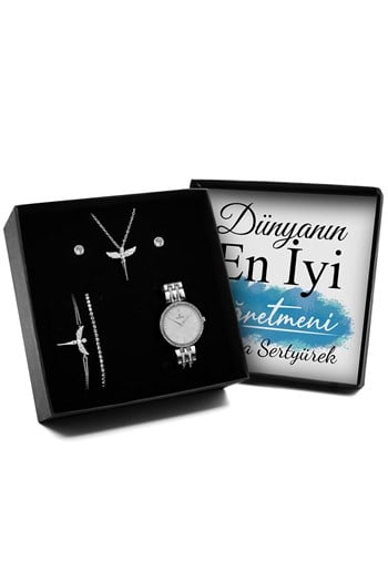 Öğretmenler Gününe Özel Tasarım Kutu & Zirkon Taşlı Melek Kolye & 2'li Küpe & 2'li Bileklik & Saat