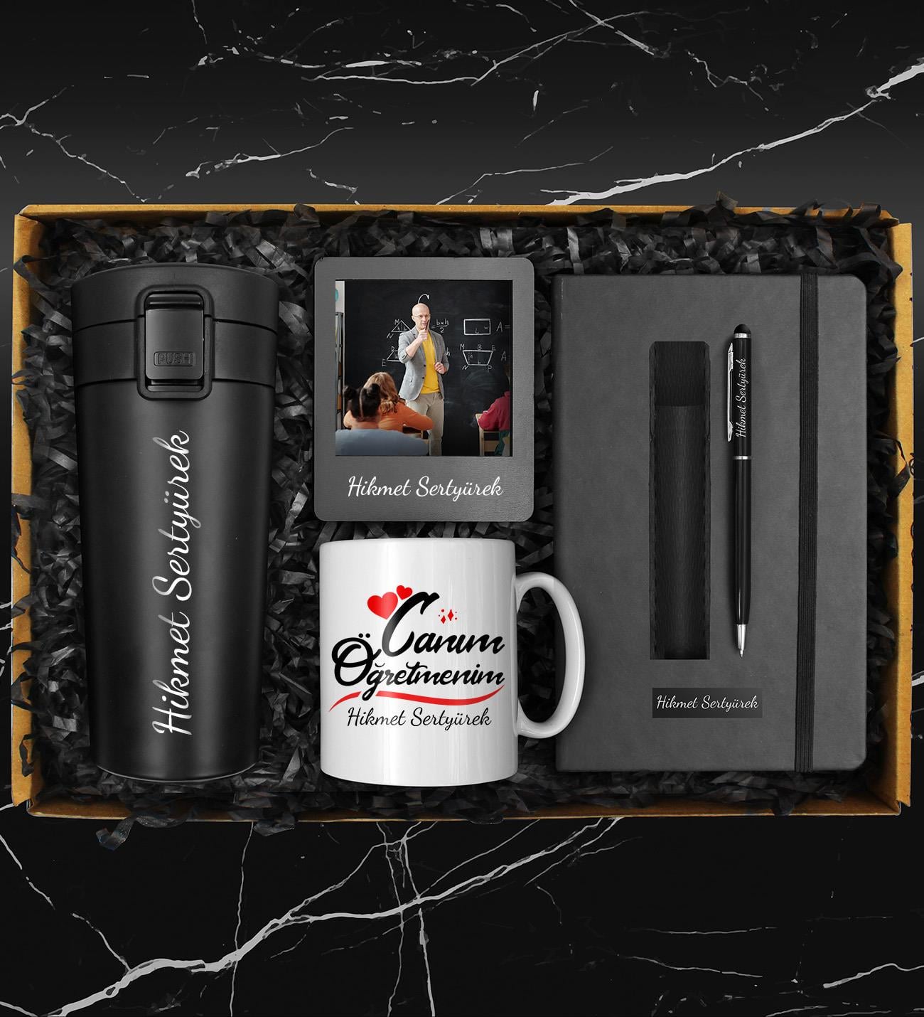  Kişiye Özel Termo Deri Defter & Siyah Kupa & 400 ML Çelik Termos & Deri Kılıflı Touch Pen Metal Kalem & Fotoğraf Çerçevesi