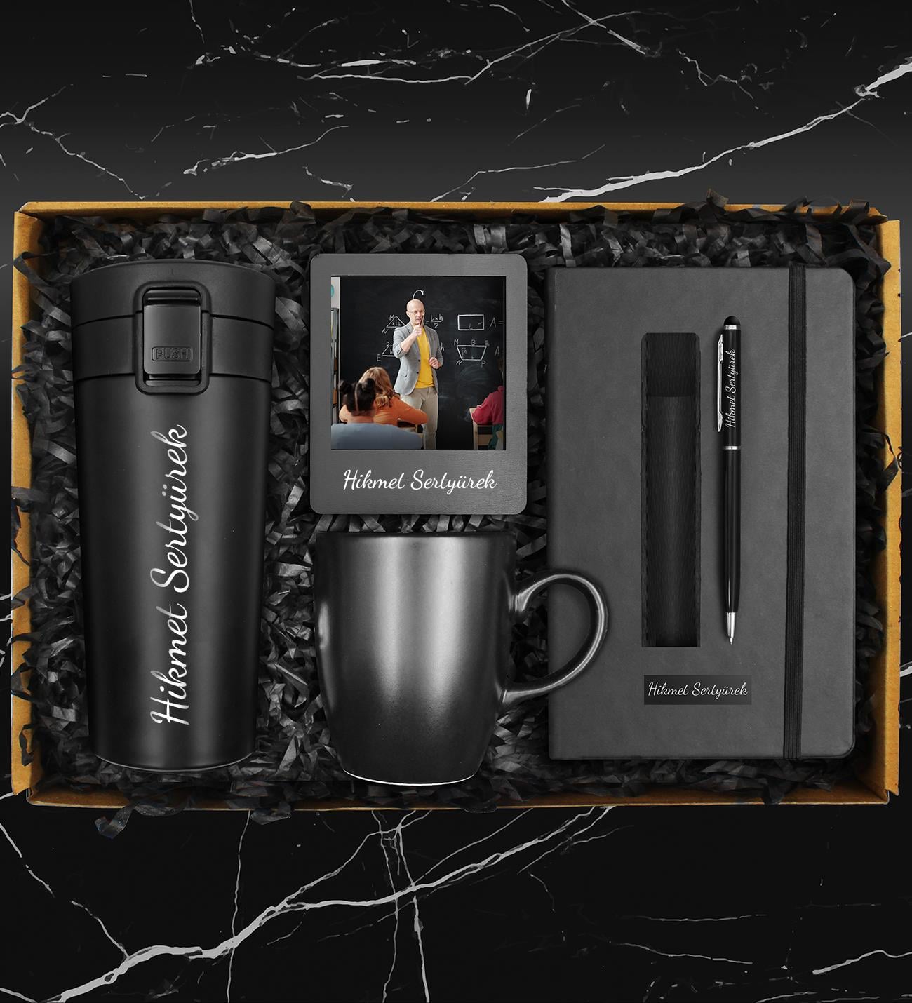  Kişiye Özel Termo Deri Defter & Siyah Kupa & 400 ML Çelik Termos & Deri Kılıflı Touch Pen Metal Kalem & Fotoğraf Çerçevesi