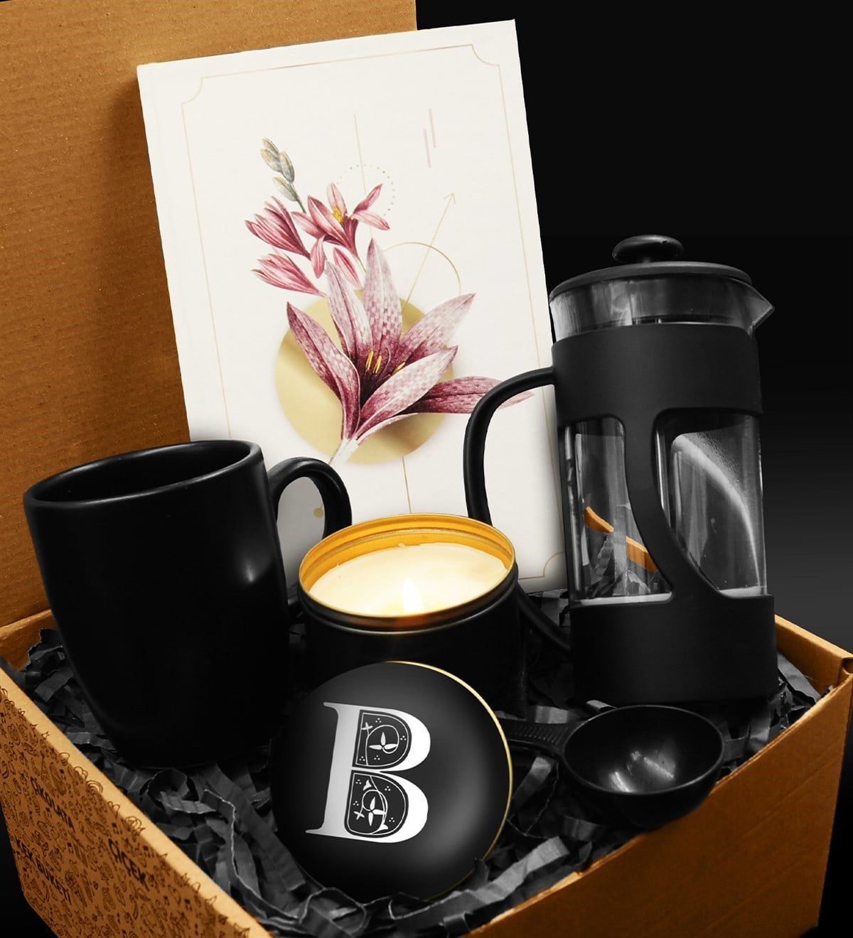  Siyah Mat Kupa & Özel Tasarım Defter & French Press & Özel Tasarım Mum Hediye Seti