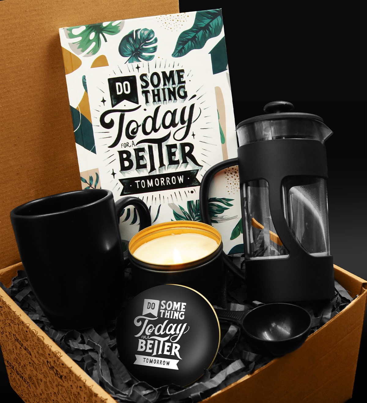  Siyah Mat Kupa & Özel Tasarım Defter & French Press & Özel Tasarım Mum Hediye Seti