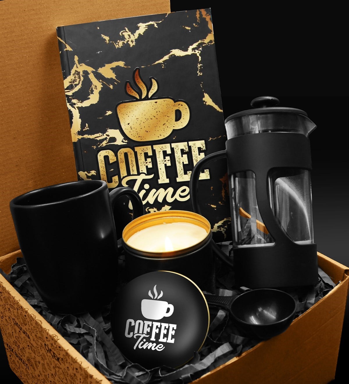  Siyah Mat Kupa & Özel Tasarım Defter & French Press & Özel Tasarım Mum Hediye Seti