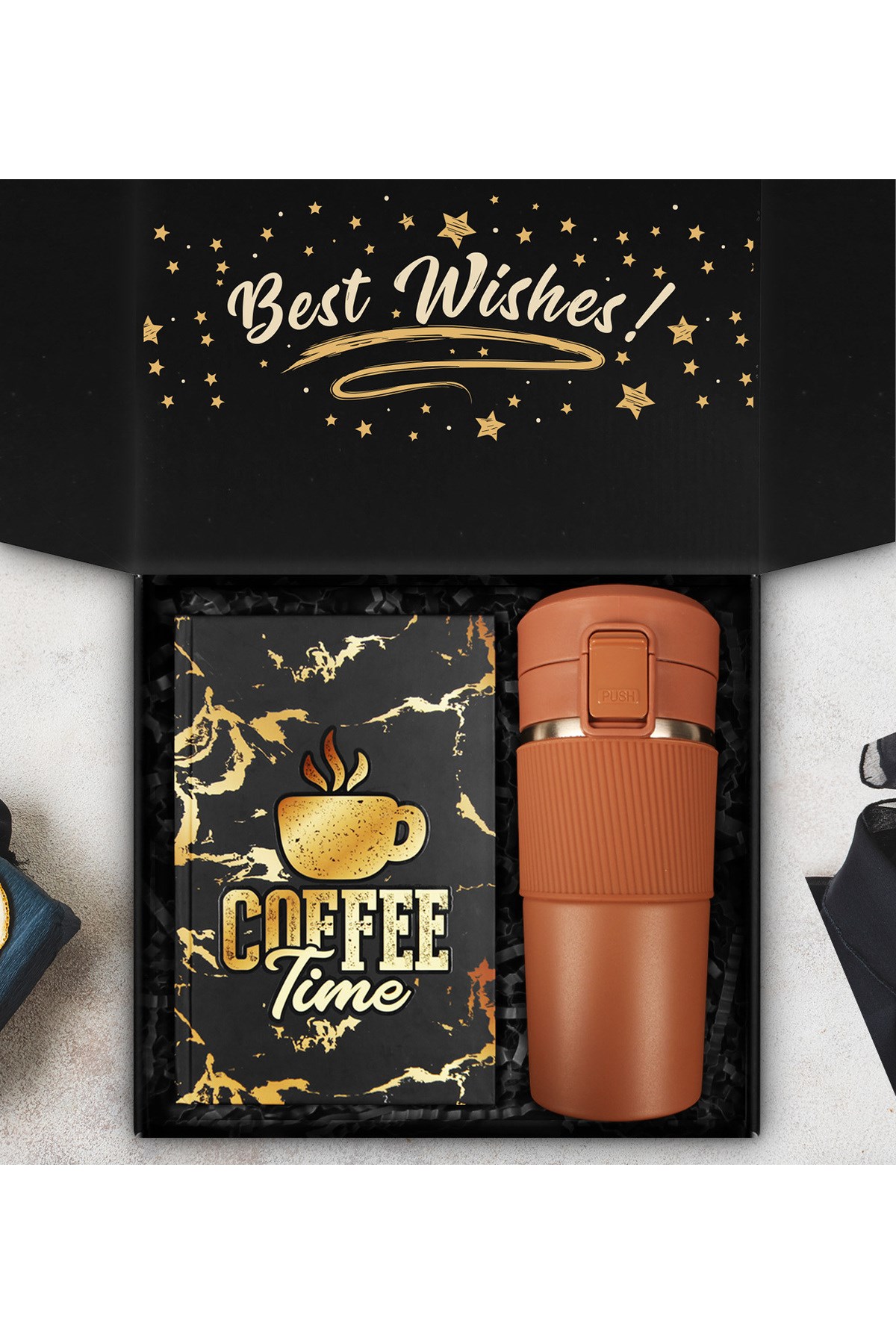 400 ML Kahverengi Süzgeçli Çelik Termos & Özel Tasarım Defter Hediye Seti