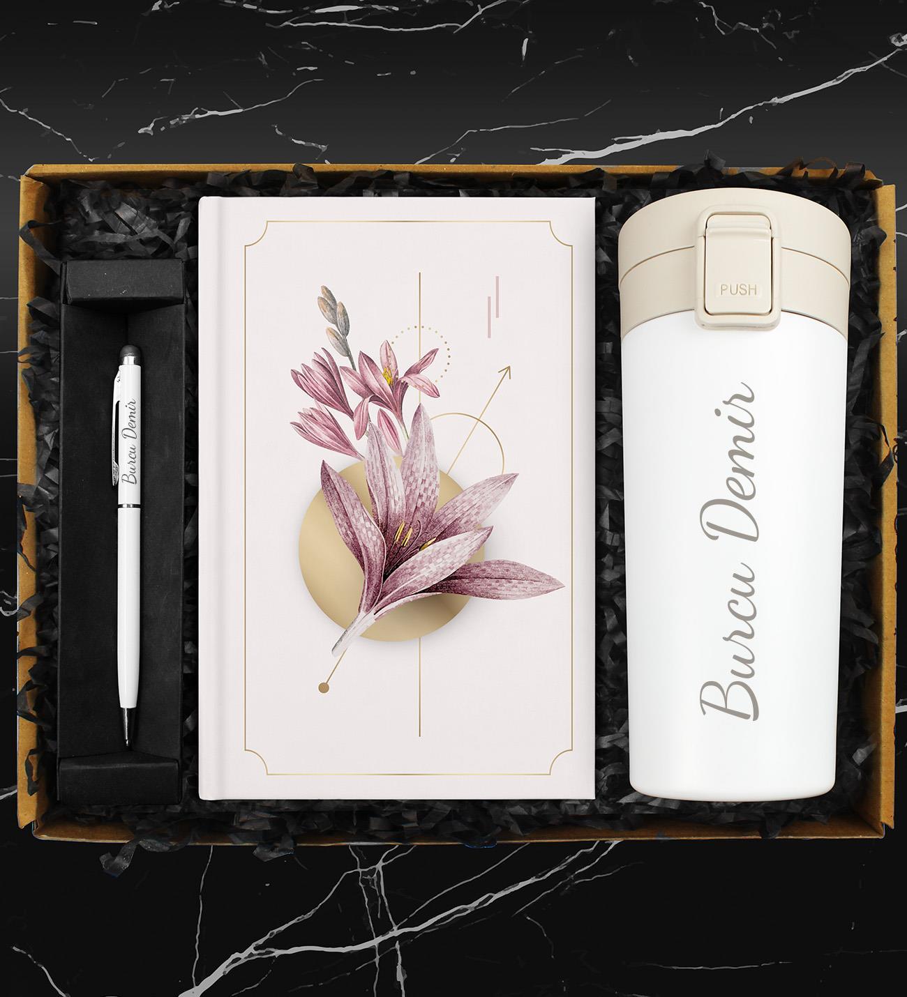 400 ML Otomatik Kilitli Beyaz Termos & Özel Tasarım Defter & Kişiye Özel Touch Pen Kalem Hediye Seti