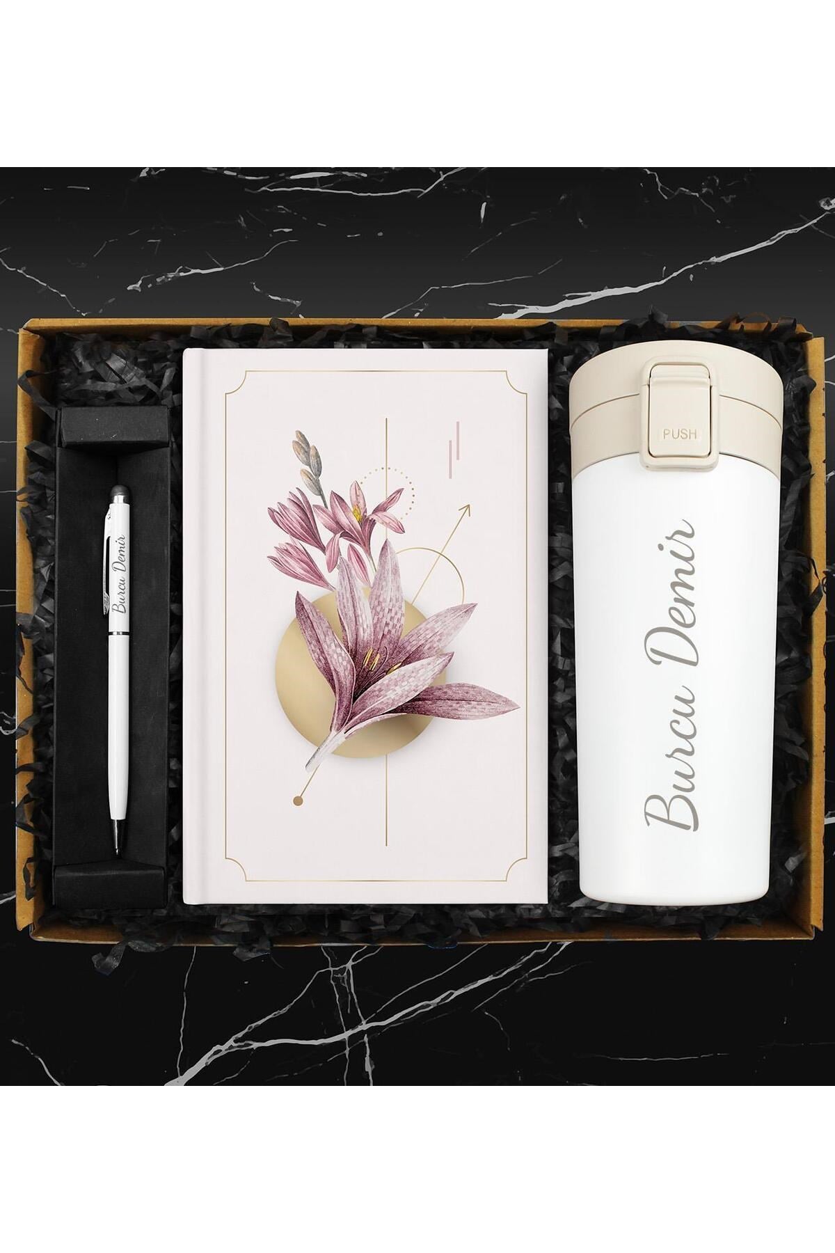400 ML Otomatik Kilitli Beyaz Termos & Özel Tasarım Defter & Kişiye Özel Touch Pen Kalem Hediye Seti