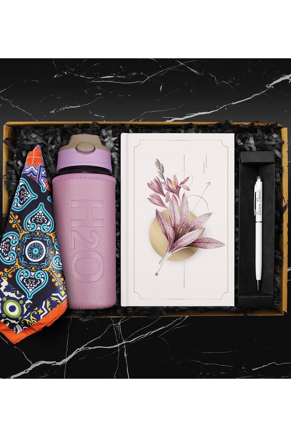 500 ML Deri Kılıflı Cam Matara & Tasarım Defter & Touch Pen Kalem & Fular Hediye Seti