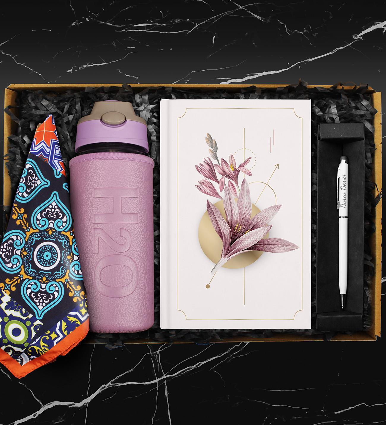 500 ML Deri Kılıflı Cam Matara & Tasarım Defter & Touch Pen Kalem & Fular Hediye Seti