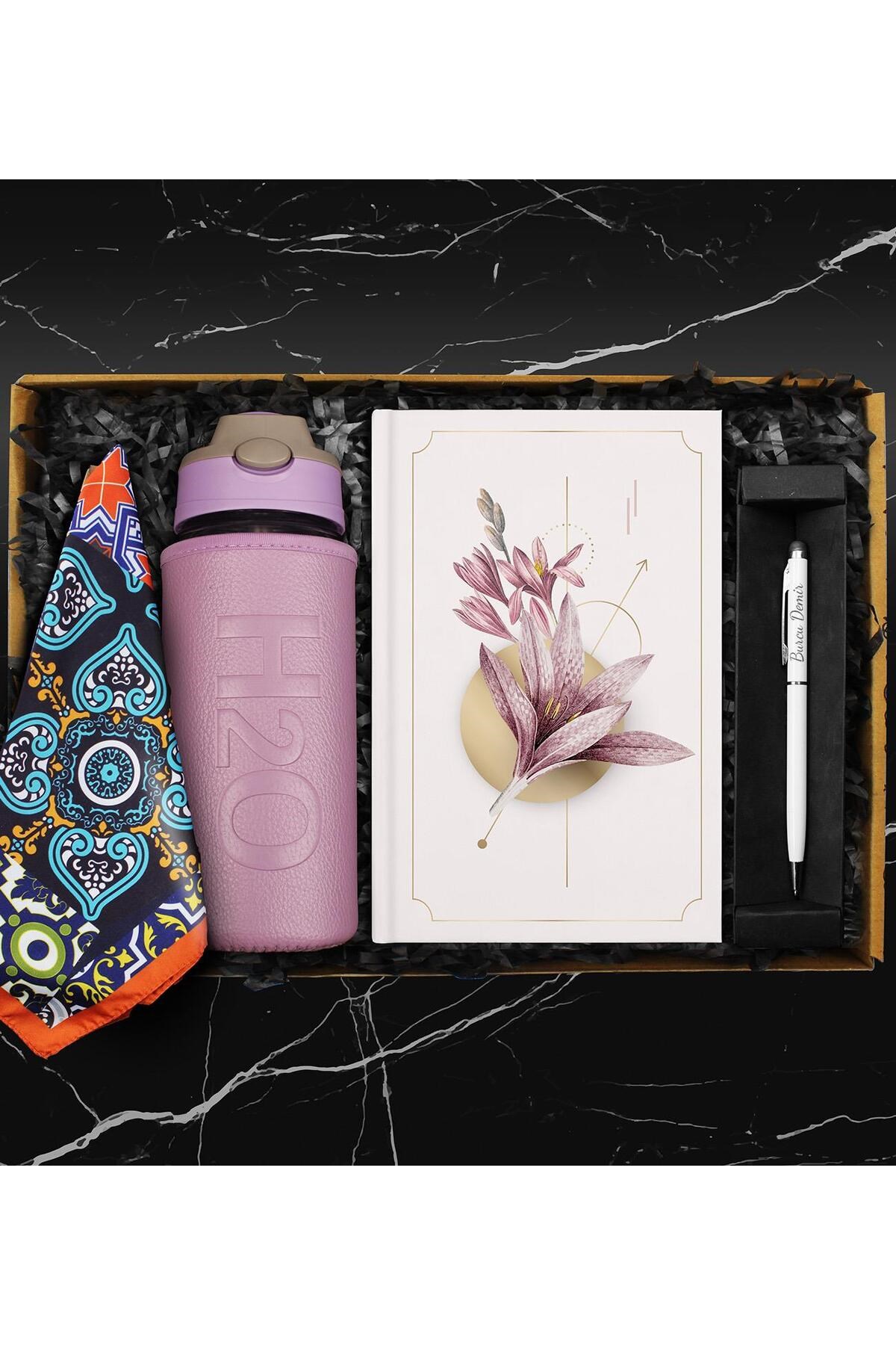 500 ML Deri Kılıflı Cam Matara & Tasarım Defter & Touch Pen Kalem & Fular Hediye Seti