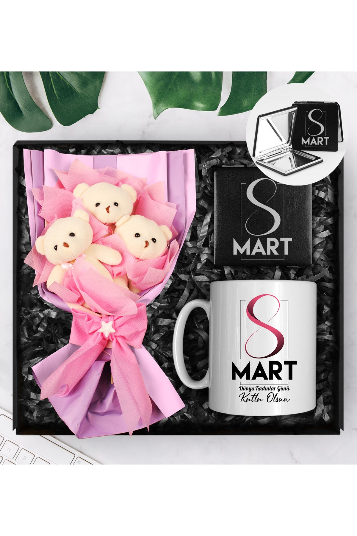 8 Mart Dünya Kadınlar Gününe Özel Üçlü Peluş Buket & Tasarım Kupa & Tasarım Ayna Hediye Seti