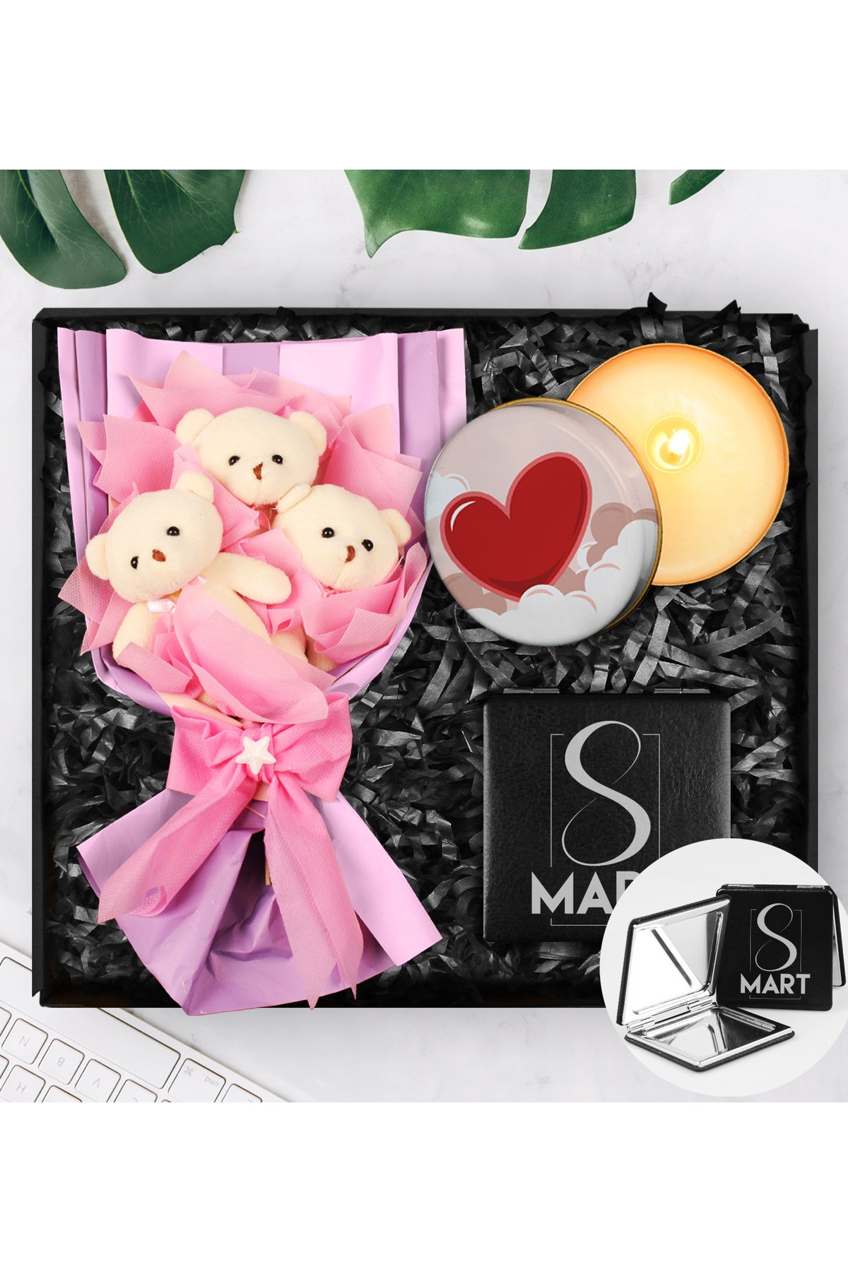 8 Mart Dünya Kadınlar Gününe Özel Üçlü Peluş Buket & Tasarım Mum & Tasarım Ayna Hediye Seti