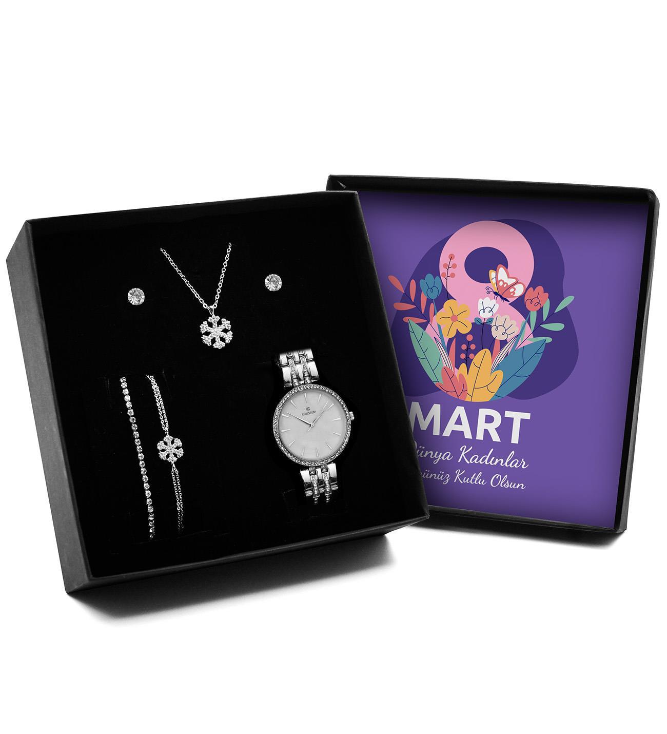 8 Mart Kadınlar Gününe Özel Tasarım Siyah Kutu & Gümüş Zirkon Kaplama Kar Tanesi Kolye & 2'li Küpe & 2'li Bileklik & Saat Hediye Seti