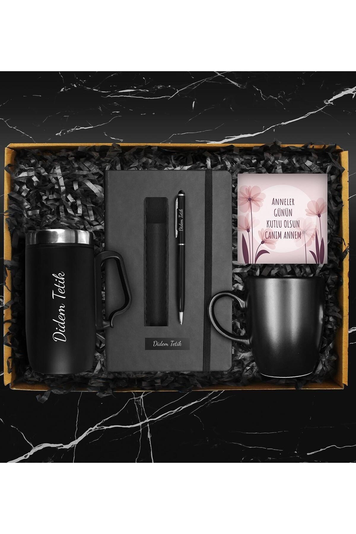 Anneler Gününe Kişiye Özel Çelik Bardak Termos & Kişiye Özel Defter & Deri Kılıflı Kalem & Siyah Kup