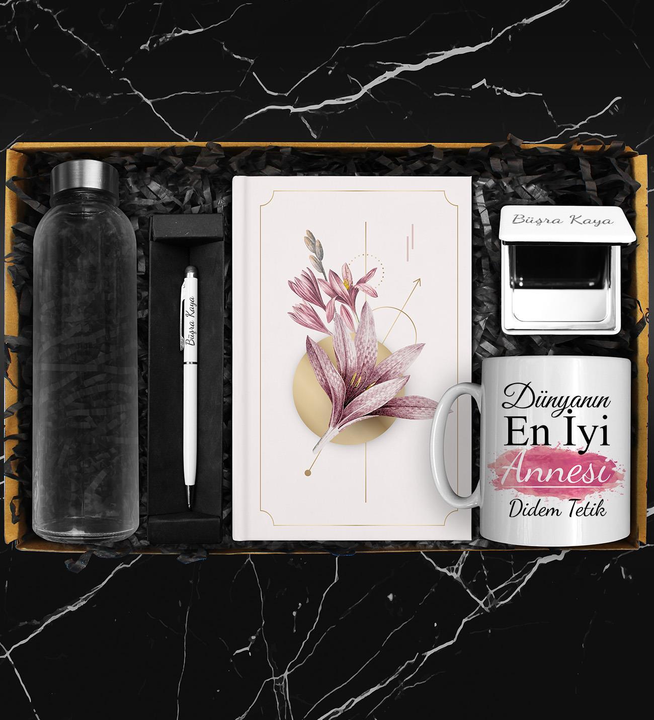 Anneler Gününe Özel 500 ML Cam Matara & Özel Tasarım Defter & Kişiye Özel Beyaz Ayna & Renkli Touch Pen Kalem & Özel Tasarım Kupa Hediye Seti 