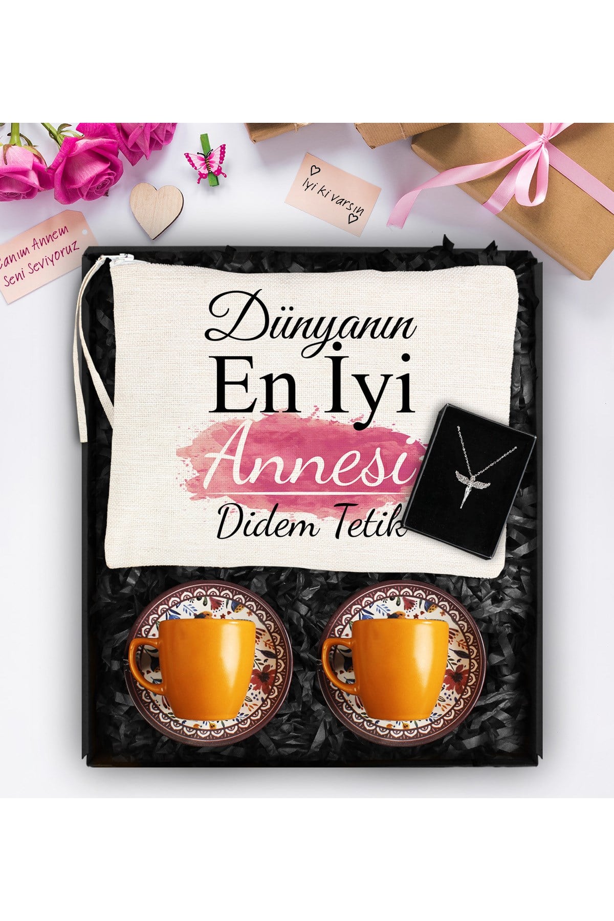 Anneler Gününe Özel Desenli İkili Turuncu Fincan & Özel Tasarım Çanta & Melek Kolye Hediye Seti