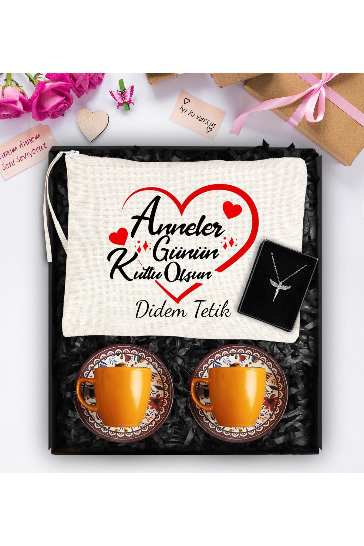Anneler Gününe Özel Desenli İkili Turuncu Fincan & Özel Tasarımlı Çanta & Melek Kolye Hediye Seti
