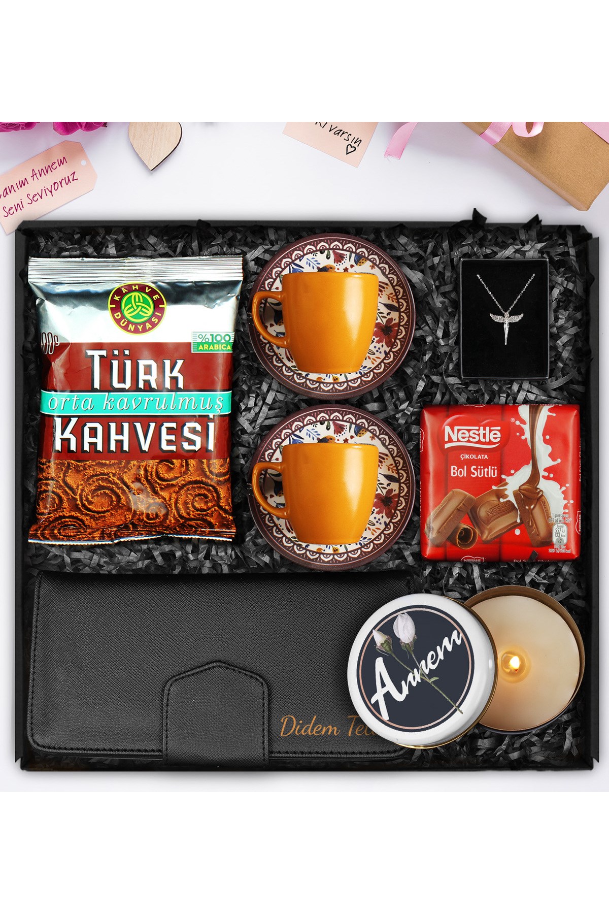 Anneler Gününe Özel Kişiye Özel Cüzdan & İkili Fincan & Çikolata & Tasarım Mum &Türk Kahvesi & Kolye