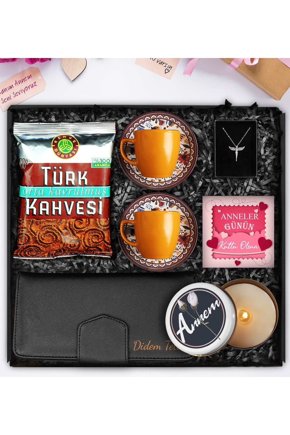 Anneler Gününe Özel Kişiye Özel Cüzdan & İkili Fincan & Melek Kolye & Tasarım Mum & Türk Kahvesi