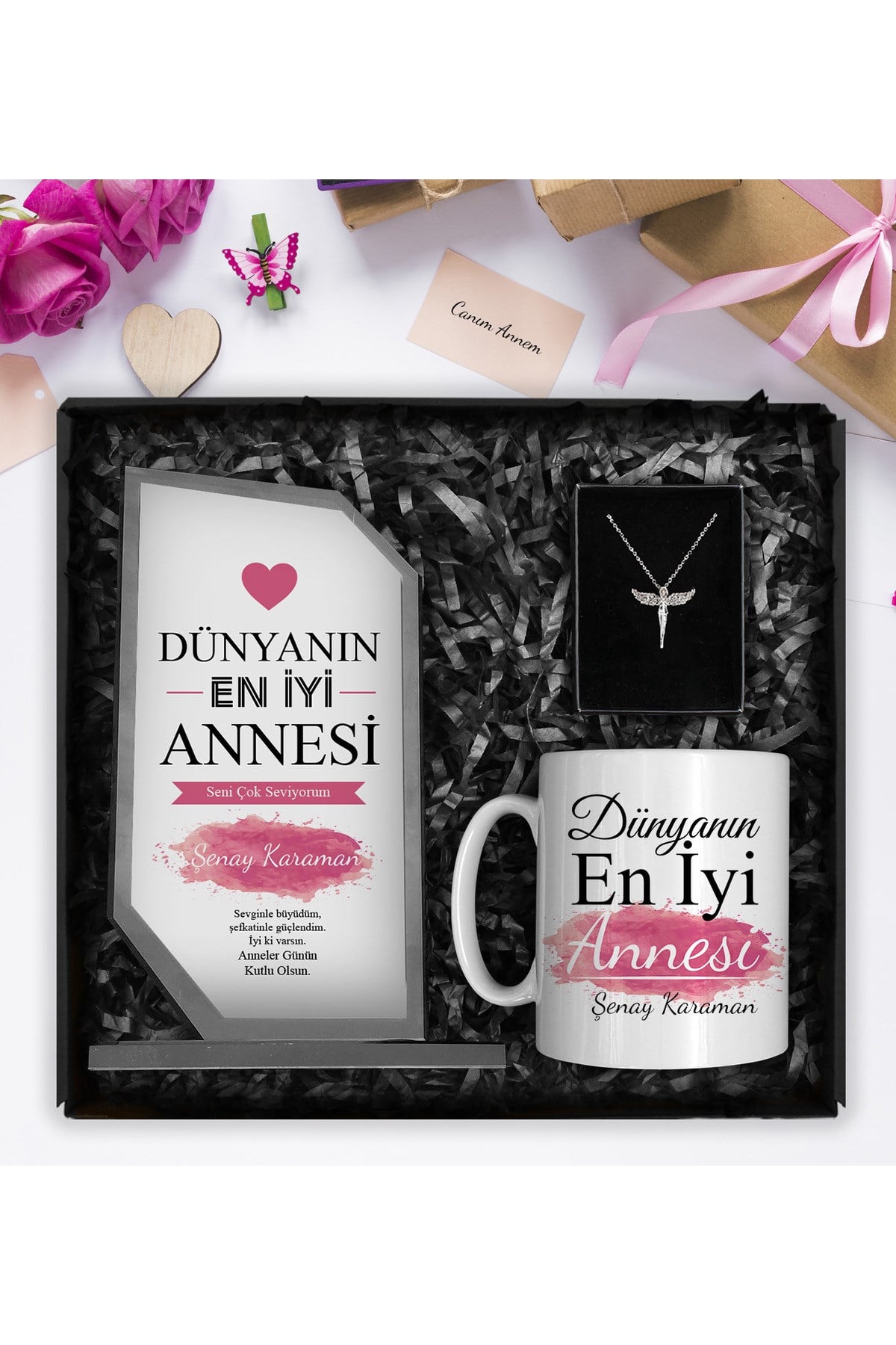 Anneler Gününe Özel Kişiye Özel Kristal Cam Plaket & Tasarım Kupa & Melek Kolye Hediye Seti