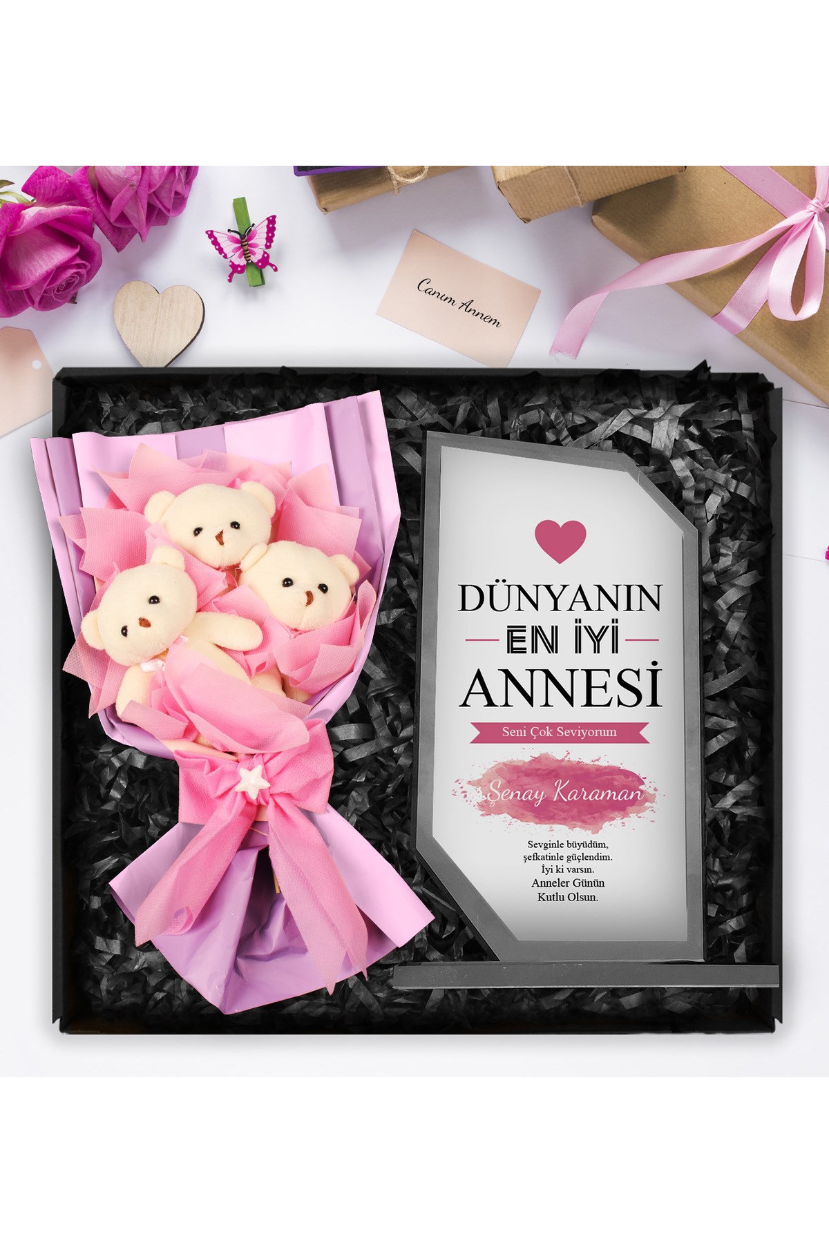 Anneler Gününe Özel Kişiye Özel Kristal Cam Plaket & Üçlü Peluş Ayıcık Buketi