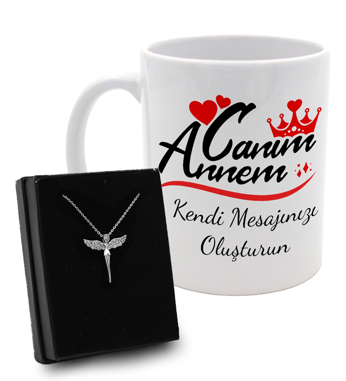 Anneler Gününe Özel Kişiye Özel Mesajlı Kupa & Gümüş Taşlı Melek Kolye