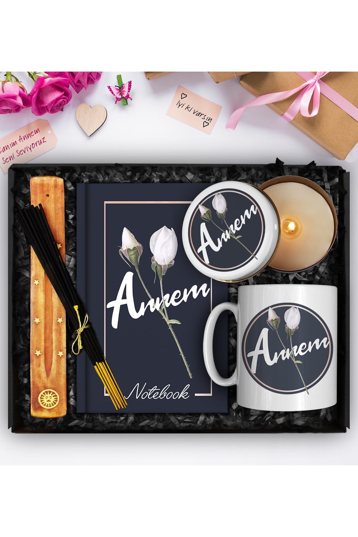 Anneler Gününe Özel Tasarım Defter & Kupa & Tütsü Seti & Tasarım Mum Hediye Seti