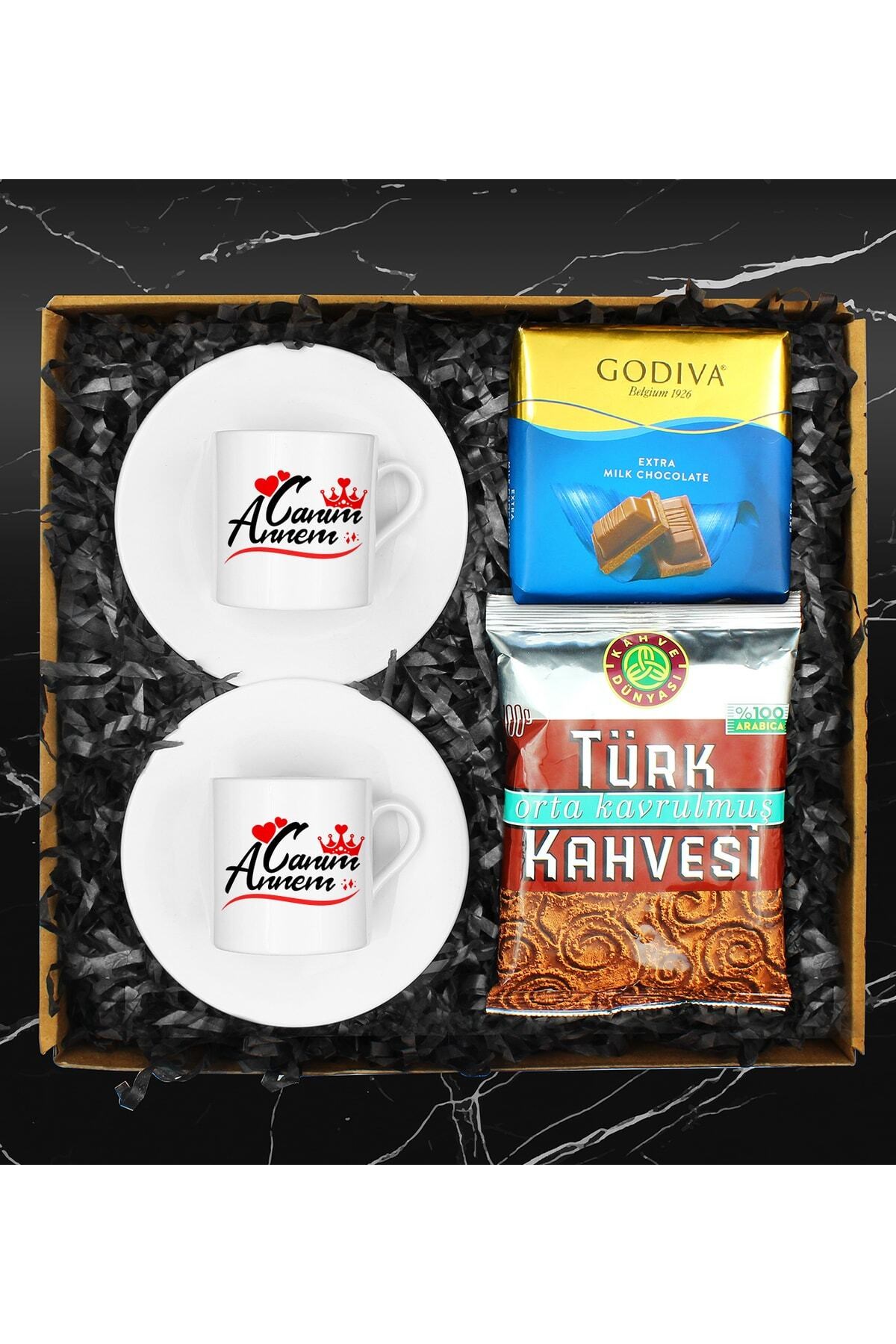 Anneler Gününe Özel Tasarım Ikili Porselen Türk Kahvesi Fincanı & Türk Kahvesi & Çikolata Seti
