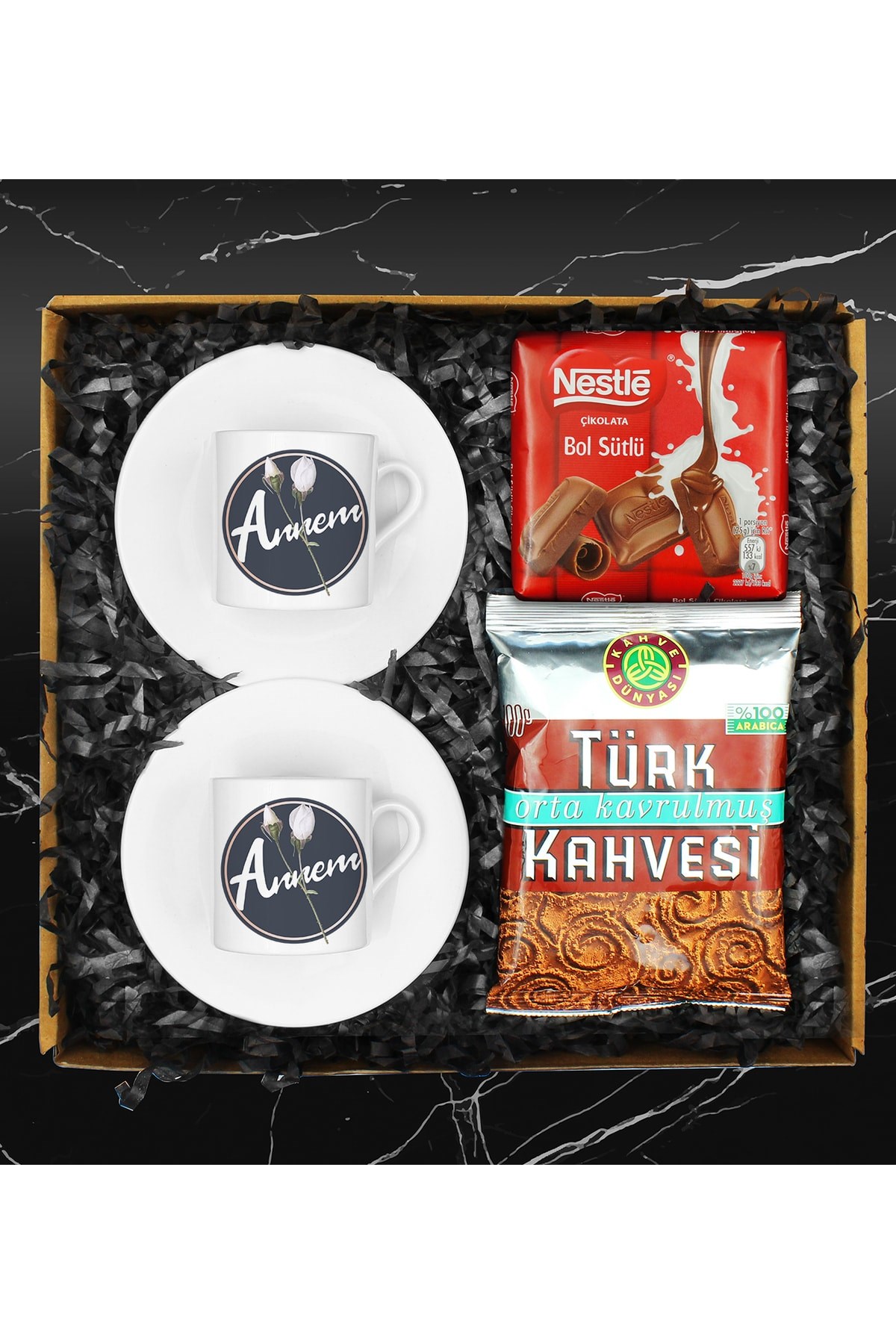 Anneler Gününe Özel Tasarım Ikili Porselen Türk Kahvesi Fincanı & Türk Kahvesi & Çikolata