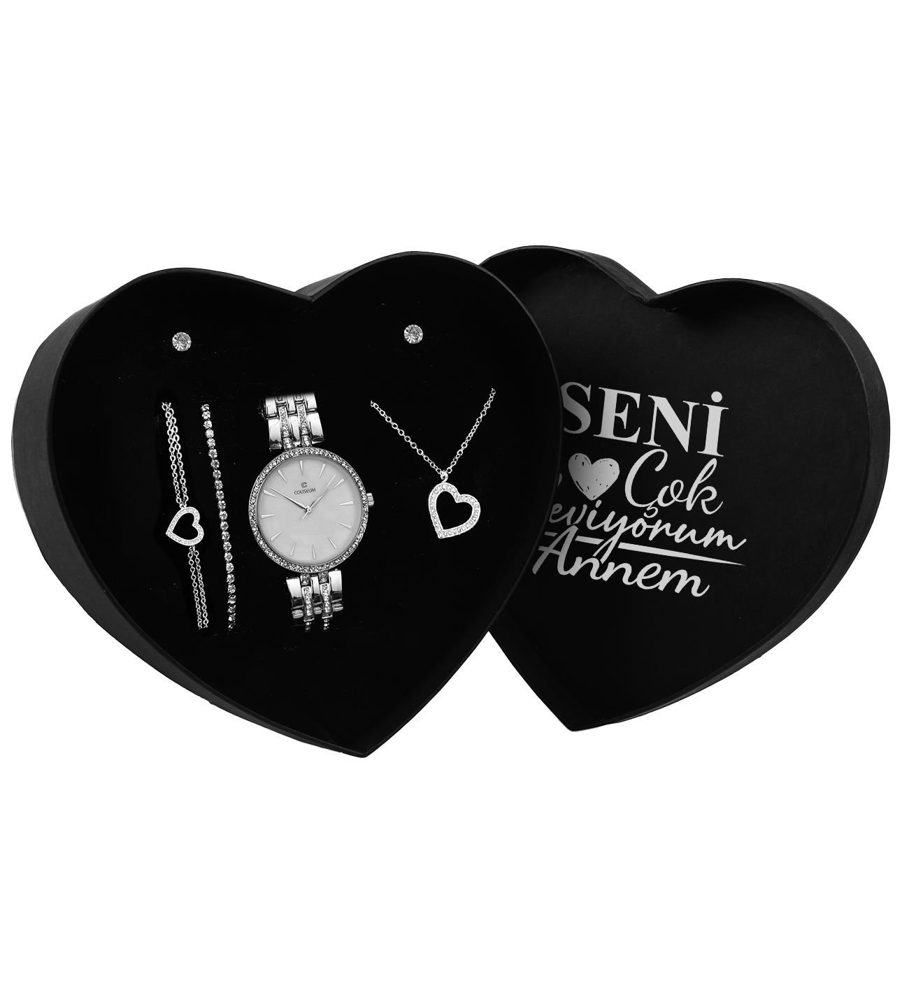 Anneler Gününe Özel Tasarım Kalp Kutu & Kalp Kolye & İkili Zirkon Taşlı Bileklik & İkili Küpe & Metal Kordon Saat Seti 
