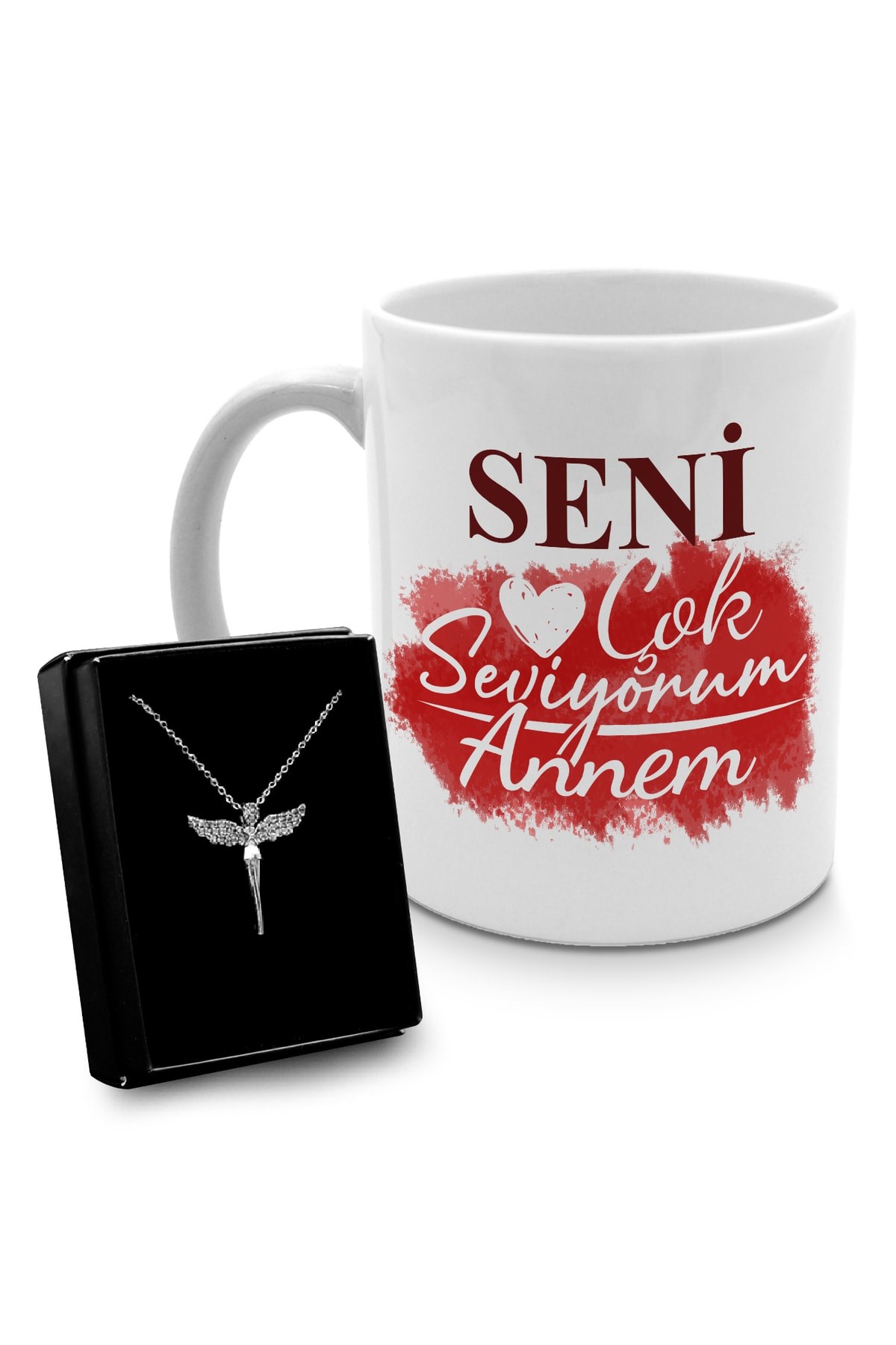 Anneler Gününe Özel Tasarım Kupa & Gümüş Renk Kaplama Zirkon Taşlı Melek Kolye Hediye Seti