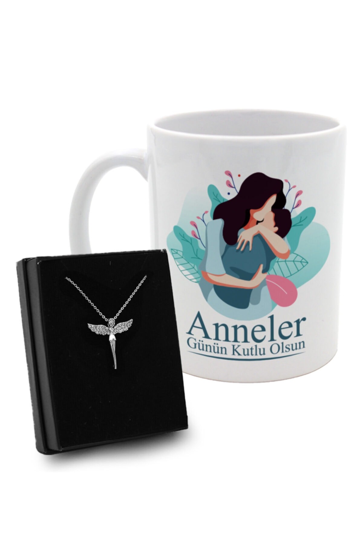 Anneler Gününe Özel Tasarım Kupa & Gümüş Taşlı Melek Kolye