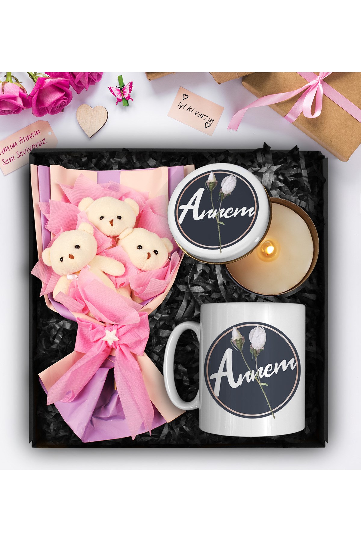 Anneler Gününe Özel Üçlü Peluş Ayıcık Buketi & Anneler Günü Kupası & Özel Tasarım Mum Hediye Seti
