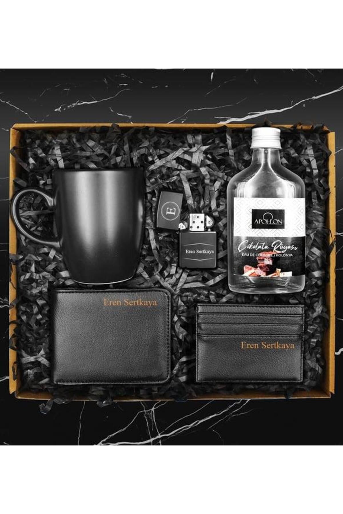 Apollon Çikolata Rüyası Kolonya & Siyah Kupa & Kişiye Özel Cüzdan & Zippo Model Çakmak & Kartvizitli