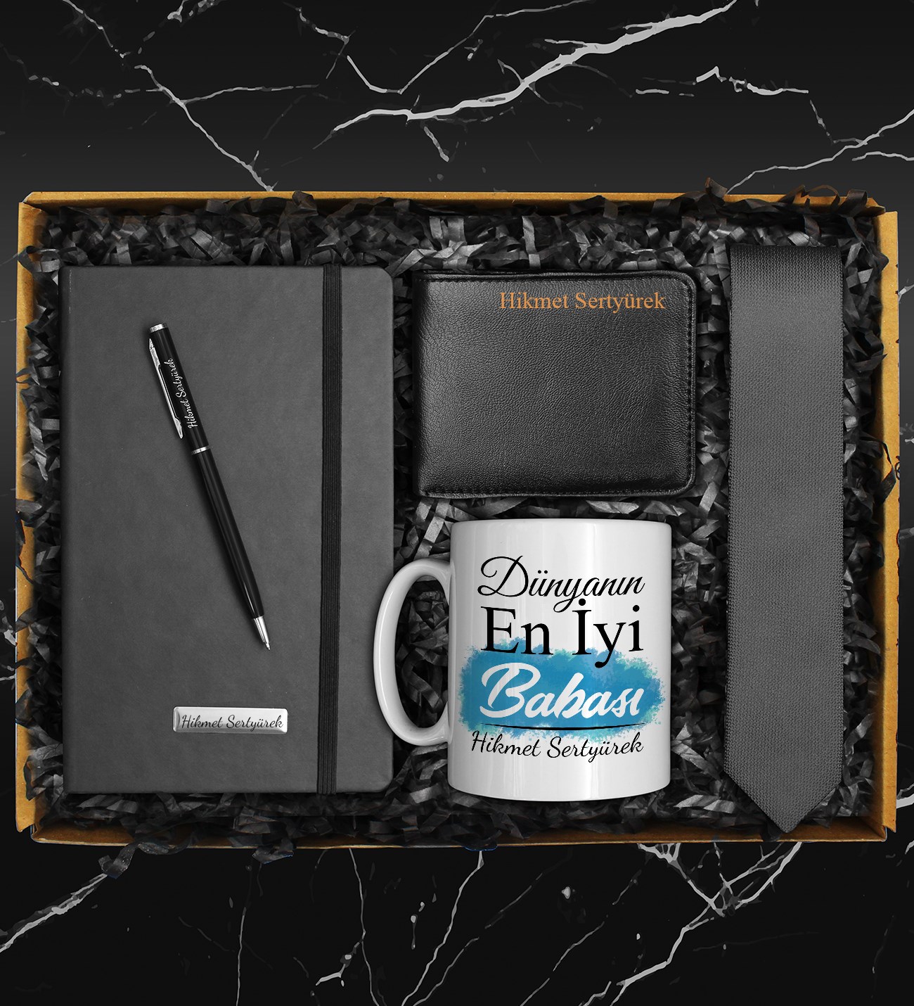 Babalar Gününe Özel Defter & Metal Kalem & Siyah Kravat & Özel Tasarım Kupa & Cüzdan Hediye Seti