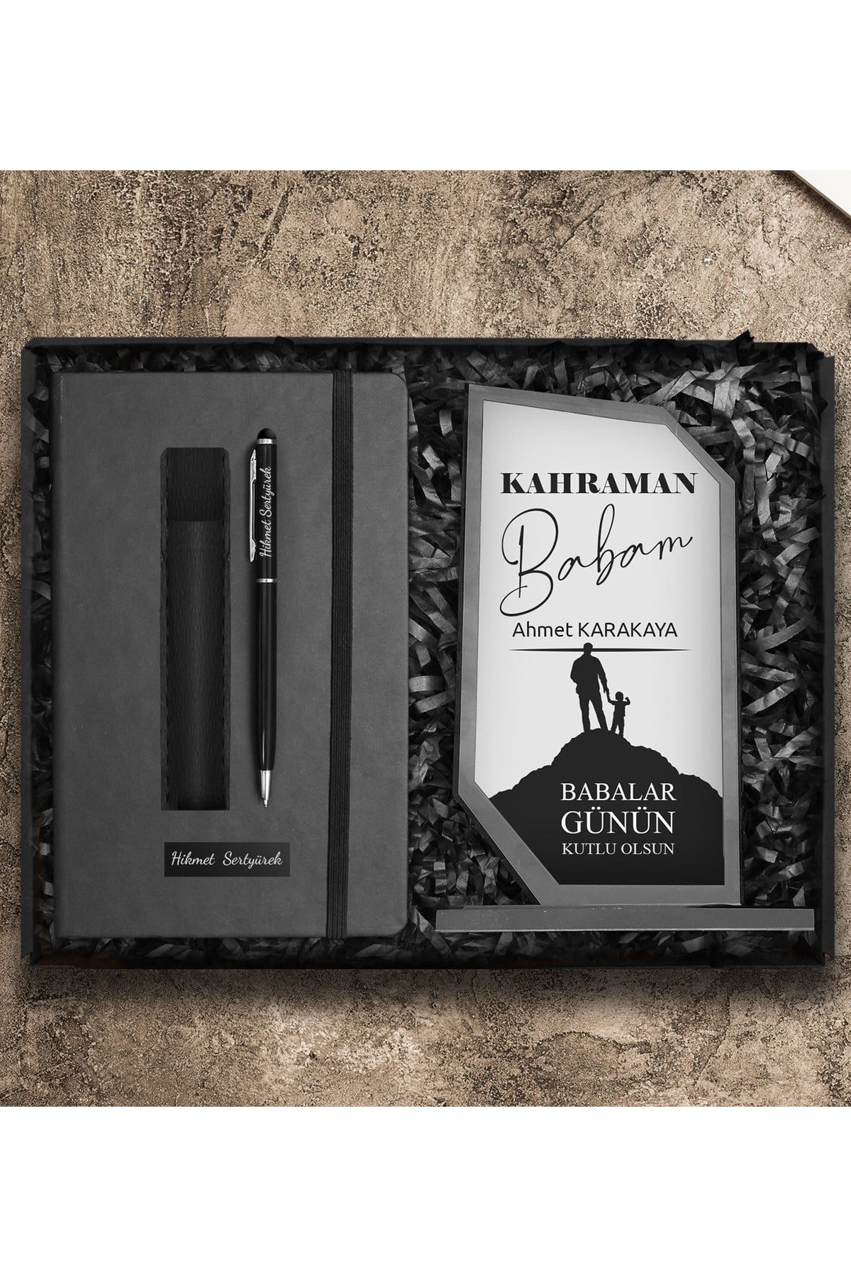 Babalar Gününe Özel Kişiye Özel Defter & Deri Kılıflı Touch Pen Kalem & Kişiye Özel Cam Plaket Hediye Seti
