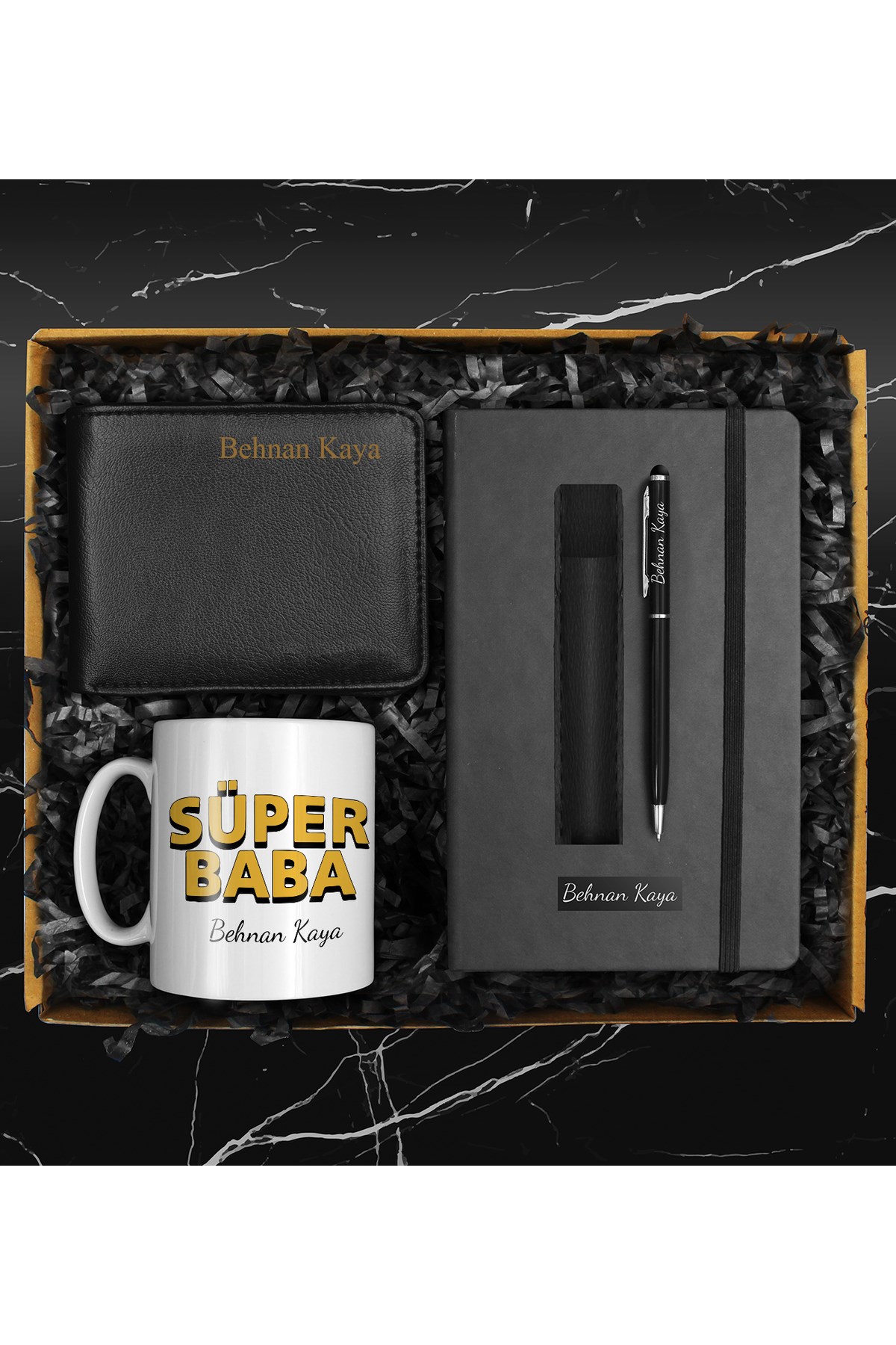 Babalar Gününe Özel Tasarım Kupa & Defter & Deri Kılıflı Touch Pen Kalem & Cüzdan Hediye Seti