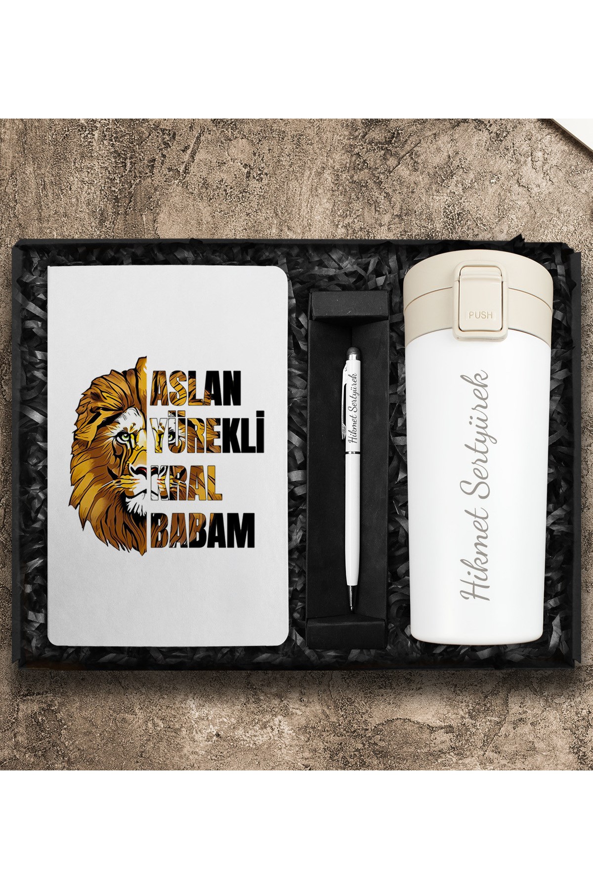 Babalara Özel Tasarım Defter & Kişiye Özel Termos & Kişiye Özel Touch Pen Kalem Hediye Seti